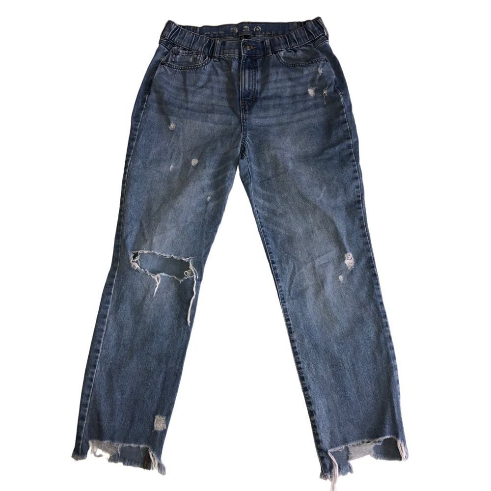 Mom Jeans Rewash Size 11 Real Curve Light Wash Elastic Waist Distressed Raw Hem